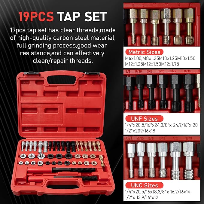 42 Pcs Thread Chaser Set, UNC/UNF/Metric Rethreading Kit | Includes Taps, Dies, 2 Thread Files and Storage Case for Thread Repair, Rust Removal, UNC UNF and Metric Maintenance