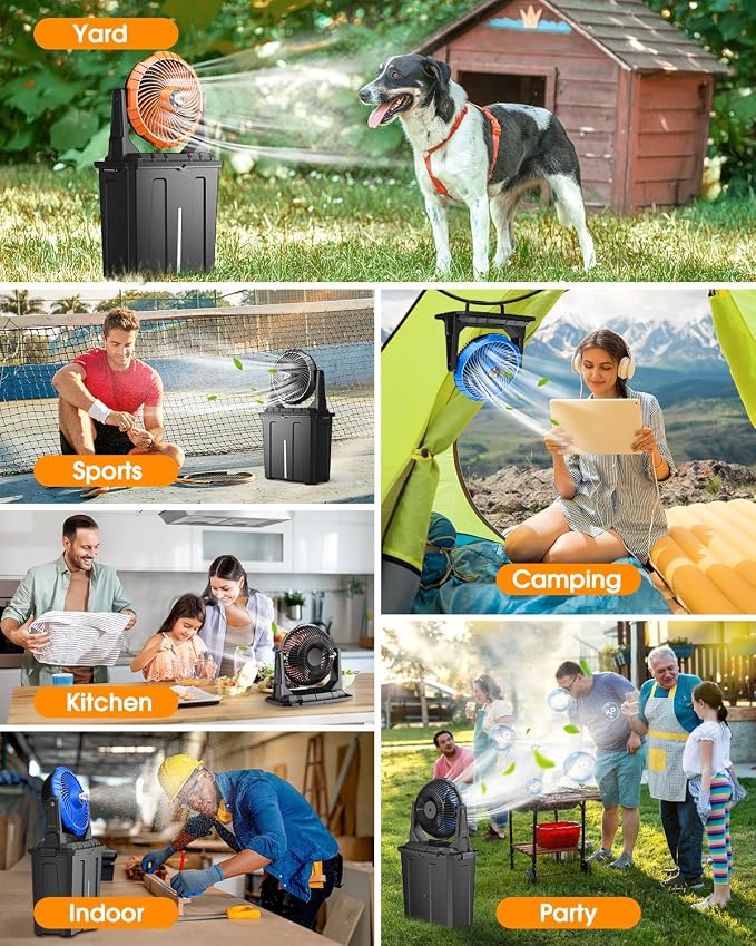 Ausic 10″ 9L Portable Misting Fan, [Max 55Hrs] Golf Cart Mister Fan for Outside Patios, 20000mAh Outdoor Rechargeable Battery Operated Water Cooling Fan, Summer Camping Essentials - 3 Spray Misters