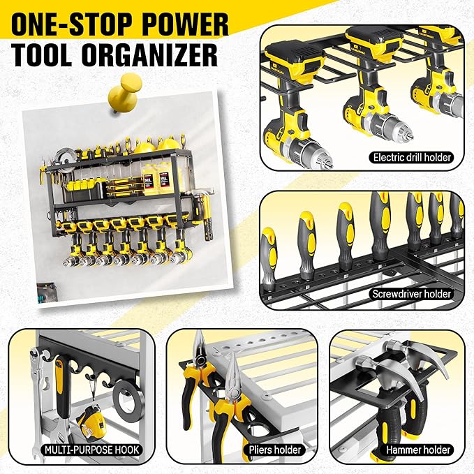 Hipidian Power Tool Organizer Wall Mount- 300lb Capacity 3-Tier Storage Rack with 7 Drill Holders for Garage Tools, Best Birthday Tools Gifts for Men Dad Husband