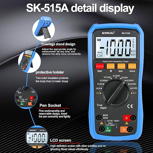 Digital Ground Resistance Tester, True RMS Earth Meter AC/DC Voltage Multimeter Backlight LCD Data Hold Rechargeable Full Test Kit for Electrician Ground Lightning Test