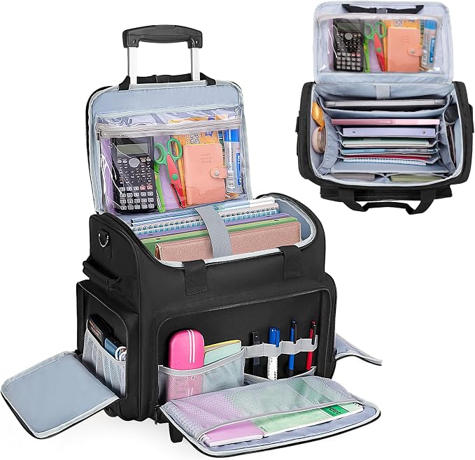 CURMIO Rolling Teacher Bag with Wheels, Teacher Cart with Wheel, Rolling Briefcase with Accordion Organizer and 15.6" Laptop Sleeve for Work, Black(Patented Design)