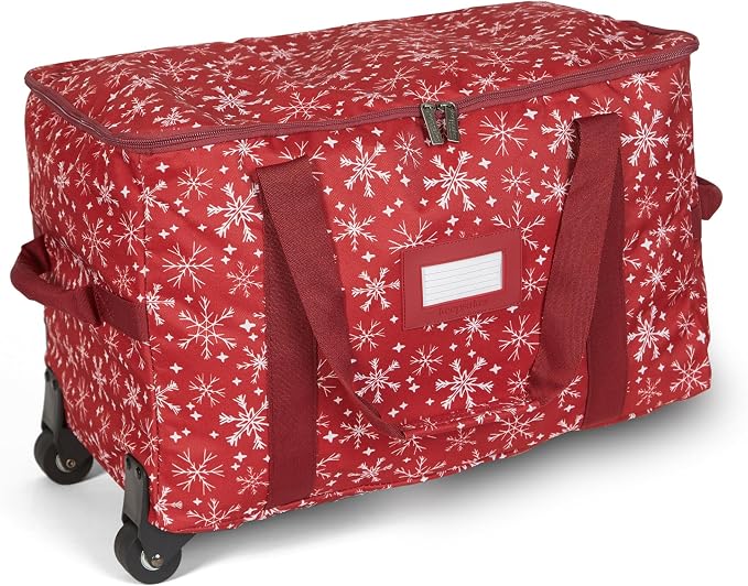 Covermates Keepsakes Rolling Treasurekeeper Storage Bag – Heavy-Duty Polyester with Dual Wheels & Handles – Protects Holiday Decorations with ID Window & Dual Zipper Access, Red Snowflake