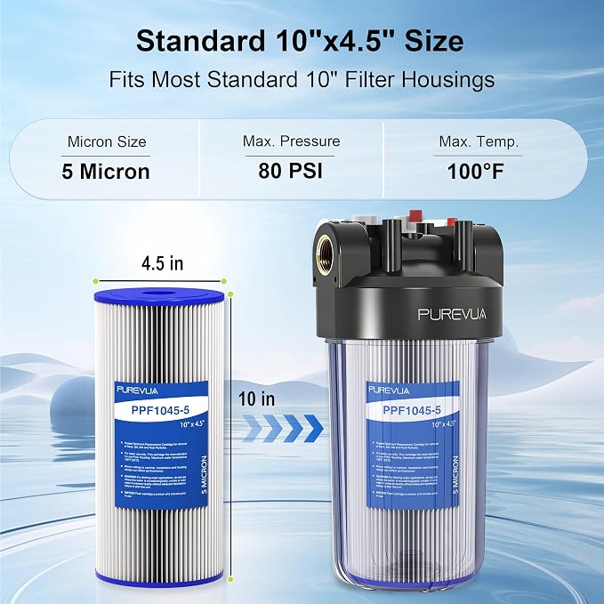 4-Pack 10" x 4.5" Pleated Sediment Water Filter Cartridge, 5 Micron High Flow Whole House Water Filter Replacement for Well Water, Compatible with Culligan R50-BBSA, GE FXHSC, ECP5-10B, R30-BB