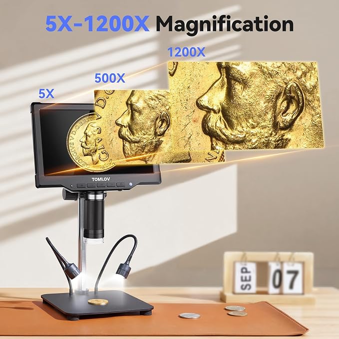 TOMLOV DM10 10.1" Digital Microscope: 1080P 1200X HD IPS Coin Microscope Magnifier for Error Coins with Light, 16MP LCD Soldering Microscopes for Adults with Screen, PC View