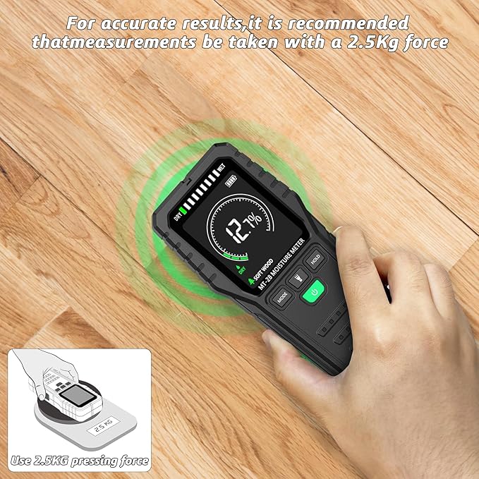 Pinless Moisture Meter for Wall,Floor – Digital Moisture Tester | With 3-Color LCD Display, Audible Alarm & HOLD Function, Ideal for Home Inspections