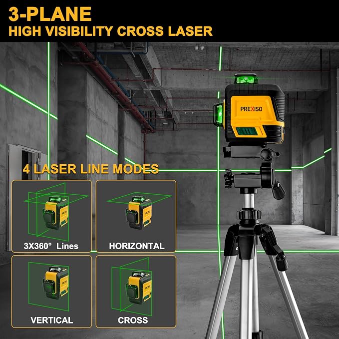 PREXISO 3 X 360° Laser Level with Tripod - Rechargeable 82Ft Cross Line Leveler, Green Line Laser Level Self Leveling for Construction, Tile, Home Renovation with Magnetic Base, Iron Plate, Bag
