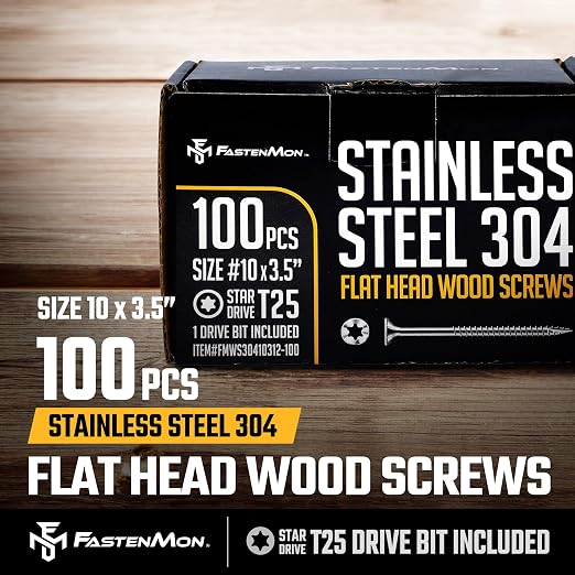 304 Stainless Steel Deck Screws, #10 x 3-1/2", 100 PCS | Torx Flat Head Type 17 Point with T25 Bit, Ideal for Outdoor Wood Projects, Fences, Benches, Picnic Tables, Decks, Bulk Box