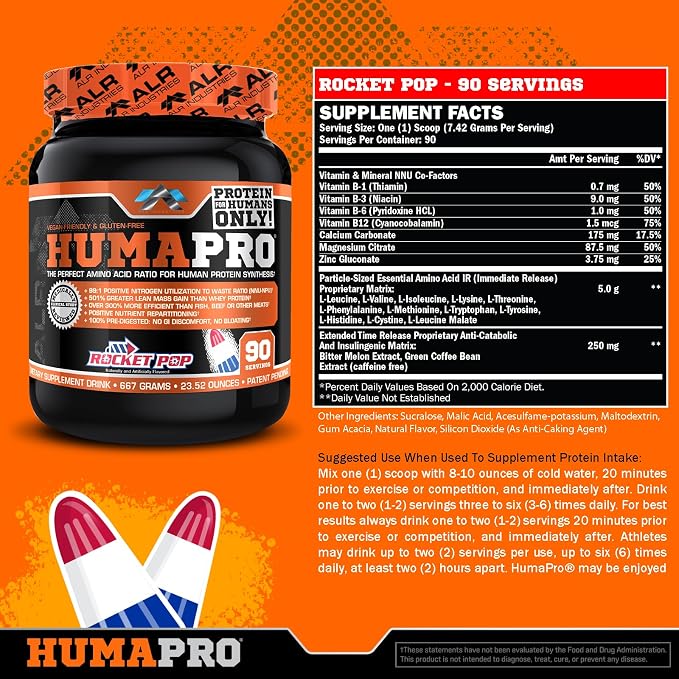 ALR Industries HumaPro Essential Amino Acid Formula | EAA Protein Supplement | Supports Muscle Recovery & Performance | Vegan, Gluten Free | | 90 Servings (Rocket Pop)