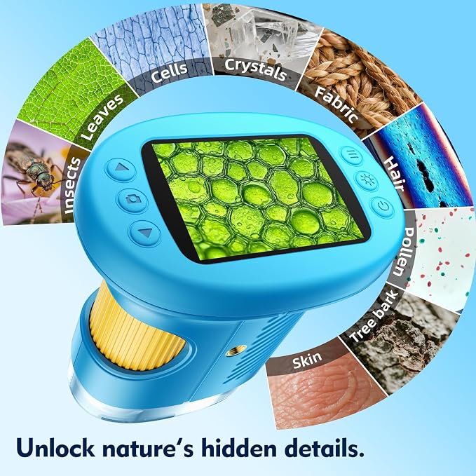 Odatay 4K 1000X Digital Microscope for Kids with Long Distance Viewing & 2.4" Screen, Portable Handheld Edu Toys for Kids Age 3-12 Exploring Bugs Plants at Home Classroom & Outdoor Travel, White