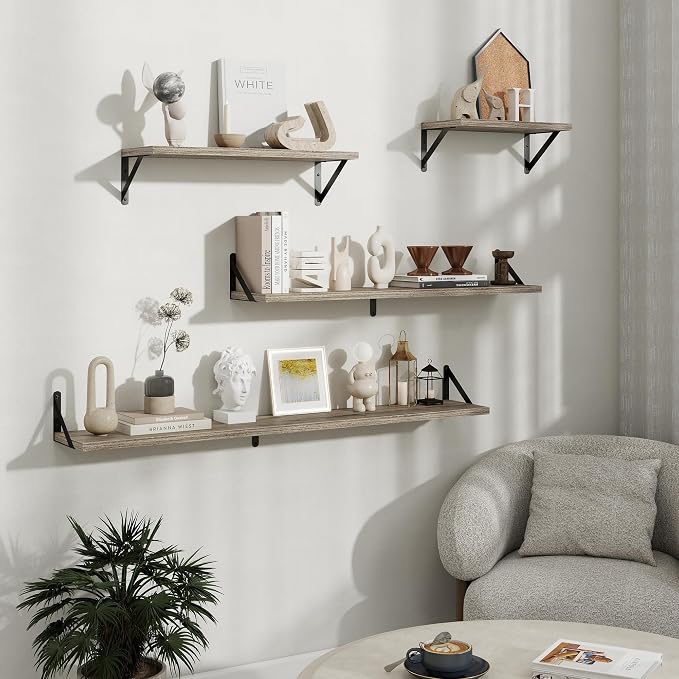 Floating Shelves 8 Inch Deep, 36W x 8D Wall Shelf Set of 2, 60 lbs Heavy Duty Reversible Metal Brackets, Industrial Book Shelf for Living Room Kitchen Bathroom Bedroom Gallery Wall, Grey