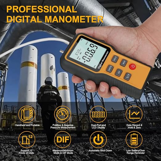 Manometer, Professional Air Pressure Meter, Dual-Port HVAC Digital Manometer Gas Pressure Tester,12 Selectable Units Differential Pressure Gauge, (Included Battery)