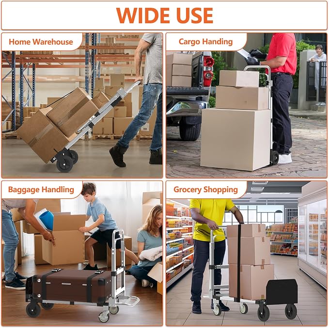 3 in 1 Heavy Duty Folding Hand Truck, Convertible Portable Steel Dolly with Telescopic Handle, Foldable Utility Cart with Rubber Wheels, 500 LBS