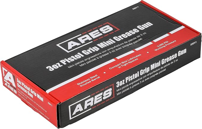 ARES 53011 – 3oz Pistol Grip Mini Grease Gun – Includes 12-Inch Flex Hose and 4-Inch and 6-Inch Straight Extensions – 3000 PSI Working Pressure Rating