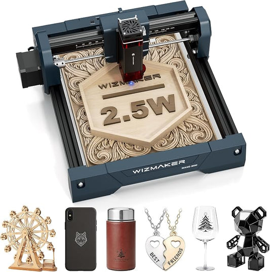 WIZMAKER Laser Engraver Machine, 2.5W Laser Engraver, Spot Size 0.04mm, Engraving Speed 12000mm/min, Supports WiFi/Hotspot/USB, Suitable for Wood, Leather, Acrylic, and Glass Materials