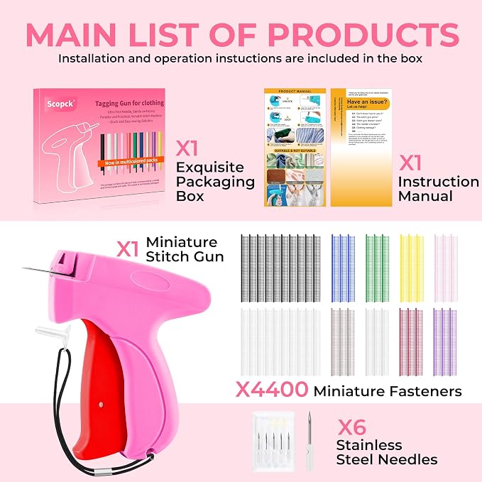 Stitch Gun for Clothes - Handheld Stitch Gun Quick Clothing Fixer - Tagging Gun - Includes 6 Needle, 1000 Black Fasteners & 1004 White Fasteners