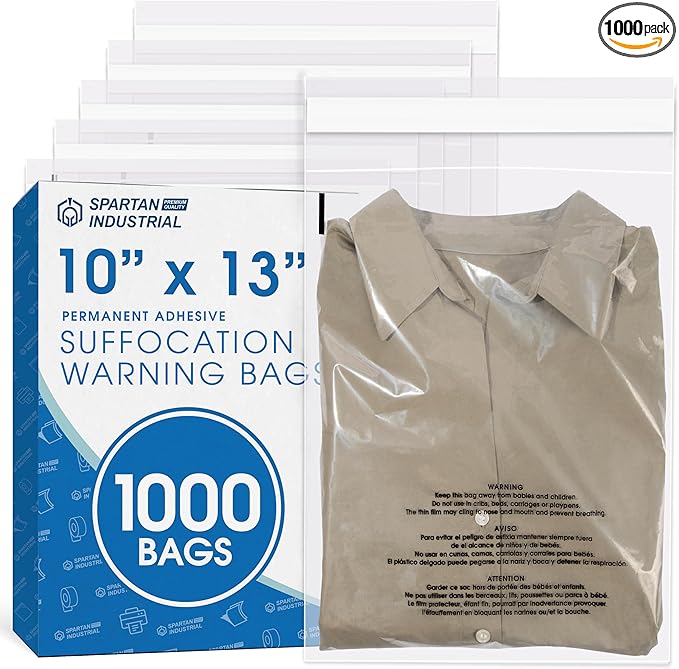 Spartan Industrial - 10" X 13" (1000 Count) Self Seal Clear Poly Bags with Suffocation Warning for Packaging, T Shirts & Shipping - Permanent Adhesive