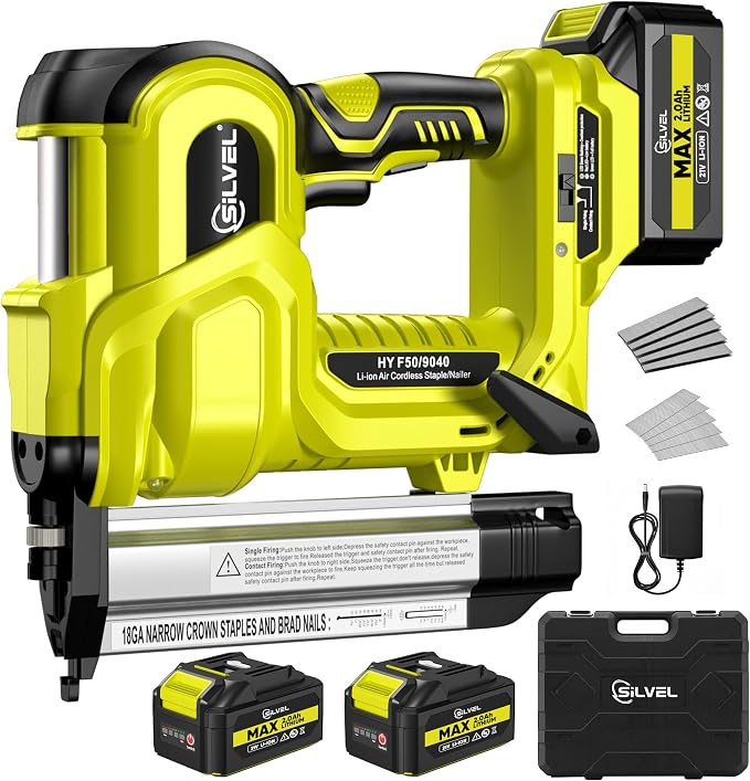 SILVEL 2" Cordless Brad Nailer, 2-in-1 21V Electric Brad Nailer with 2 * 2.0Ah Battery, 1000pcs Nails, 18GA Staples, Adjustable Depth for Woodworking, Home Improvement, green