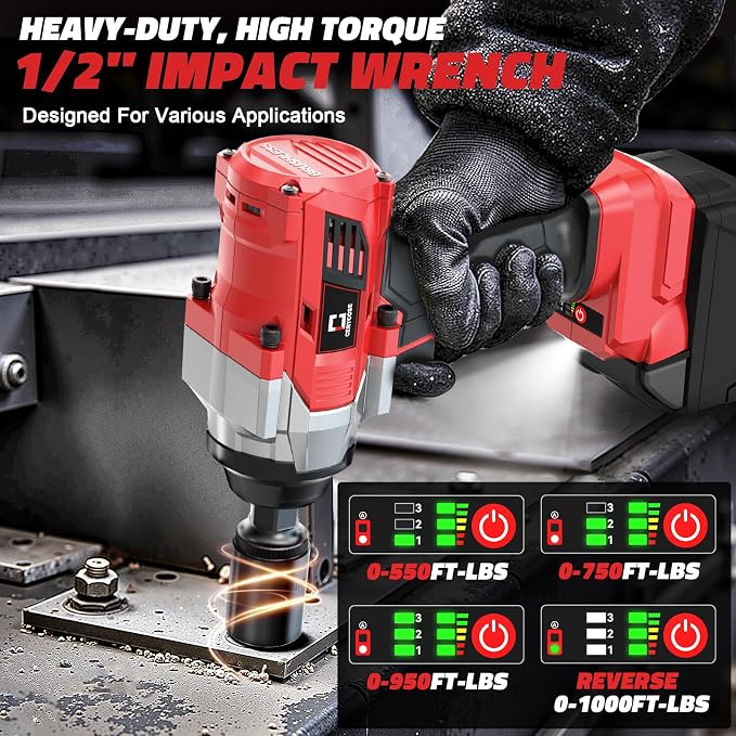 Cerycose 1000 FT-LBS Cordless Impact Wrench 1/2" Compatible with Milwaukee 18V Battery – with 6 Sockets and Toolbox, Brushless Electric Impact Gun, Includes LED Work Light – High Torque Driver