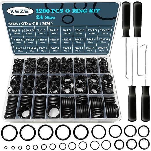 KEZE 1200 PCS 24 Size Universal Rubber O-Ring Assortment Kit with 4-Piece Precision Pick and Hook Set and 11Pcs Precision Pick & Hook Set for O Rings Faucet Automotive Hydraulic Pipe Repair