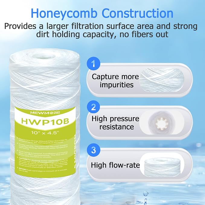 5 Micron Whole House Water Filter Cartridge, String Wound Sediment Filters for Well Water, Replacement for 84637, WPX5BB97P, WP10BB97P, 355215-45 - 10" x 4.5" Cartridges - Pack of 4