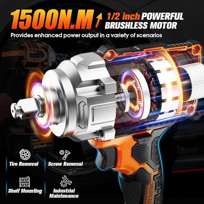 1500N.m Impact Wrench, 1/2" High Torque 1107ft-lbs Cordless Impact Gun with 2 x 4.0Ah Battery, 21V Power Impact Driver with 5 Sockets,LED Light,Electric Impact Truck RV Car Heavy Construction