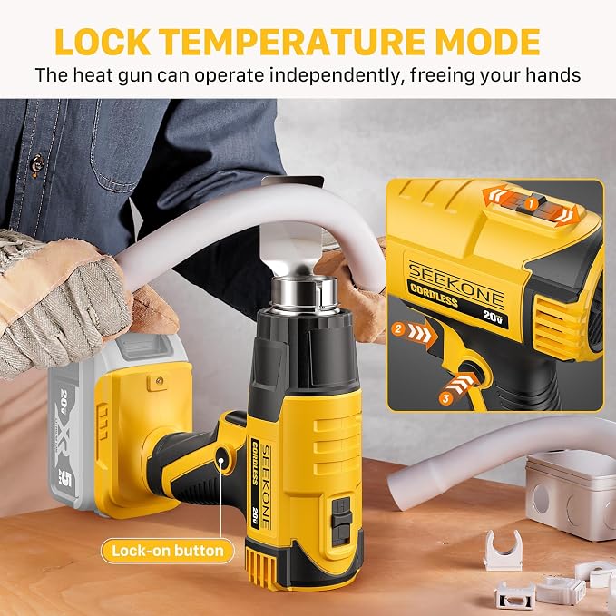 SEEKONE Cordless Heat Gun with 2 Temp Settings 1022℉ and 572℉, Compatible with Dewalt 20V Battery, Fast Heating Hot Air Gun with 3 Nozzles for Shrink Tubing, 3D Printing, Crafting (No Battery)