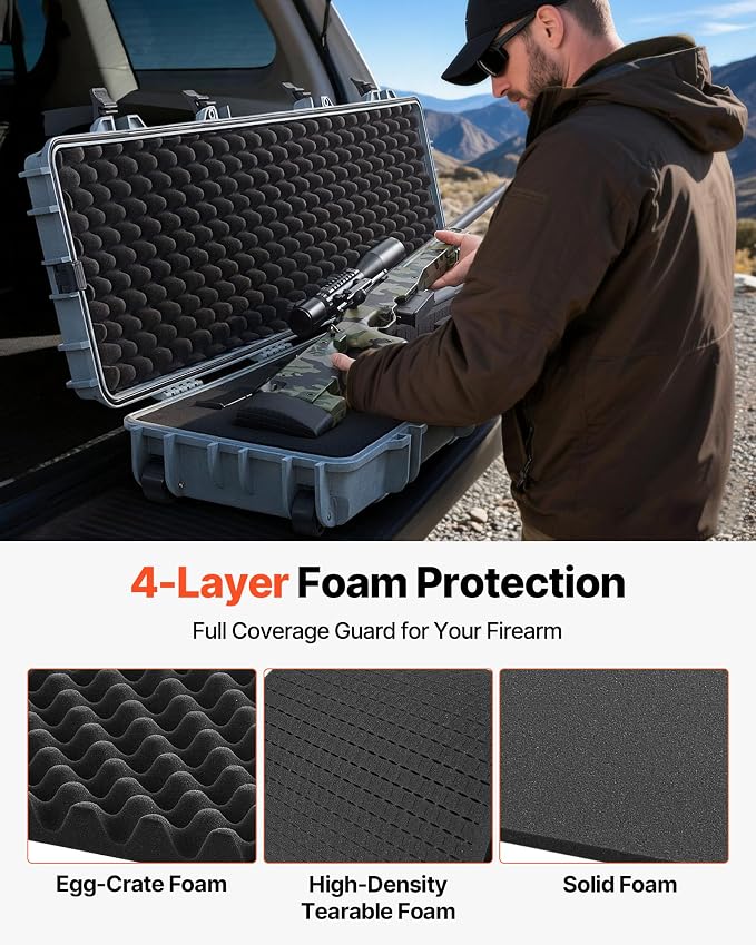 VEVOR Rifle Case, Rifle Hard Case with 4 Layers Fully-protective Foams, Lockable Hard Gun Case with Wheels, IP67 Waterproof & Crushproof, for Rifles or Shotguns