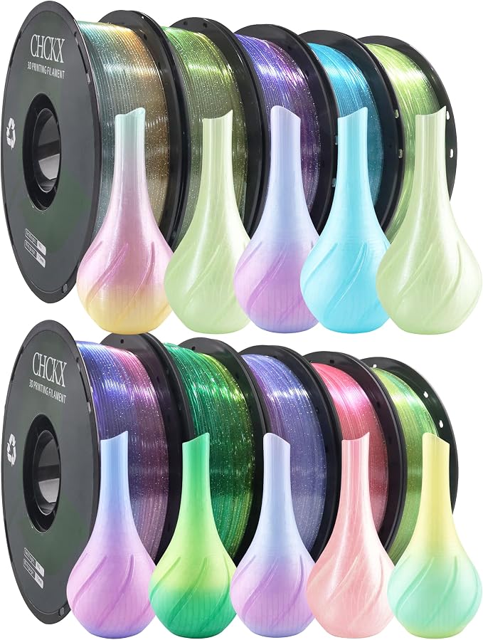 10 Pack Crystal Rainbow PLA 3D Printer Filament Bundle, Dimensional Accuracy +/- 0.02 mm, 1kg (2.2lbs), 1.75 mm, 10 Rolls Multicolor Assortment Pink, Blue, Green, Purple,Yellow Green Purple