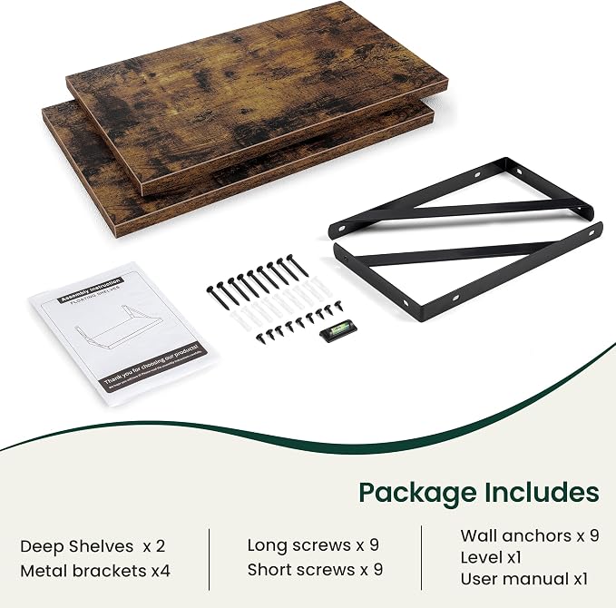 Floating Shelves 12 Inch Deep, 24W x 12D Wall Shelf Set of 2, 50 lbs Heavy Duty Reversible Metal Brackets, Industrial Book Shelf for Living Room Kitchen Bath Bedroom Coffee Bar, Rustic Brown