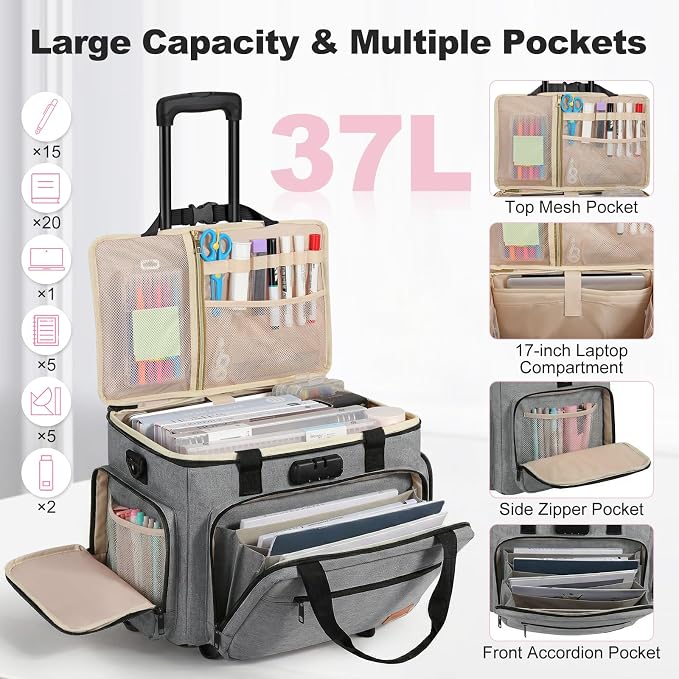 Housolution Rolling Teacher Bag with Wheels, Fits for 17" Laptop, Teacher Tote Bag with Detachable Trolley, Laptop Work Case with Anti Theft Lock, Briefcase Cart with Accordion File Organizer, Gray