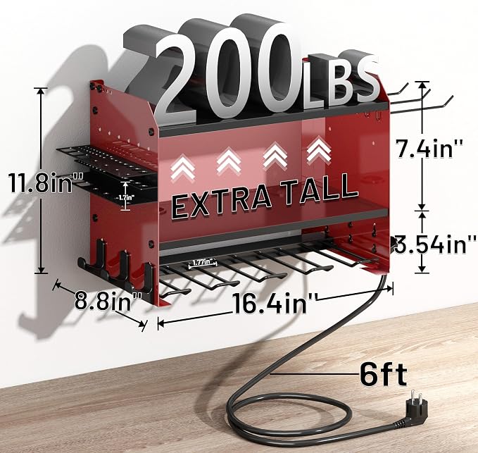 Power Tool Organizer Wall Mount with Charging Station & 8 Outlet,3 Layer Heavy Duty Metal Rack Holds 200lbs for Garage Organization,4 Cordless Drill Holders,Day Gift for Men,Dark Red
