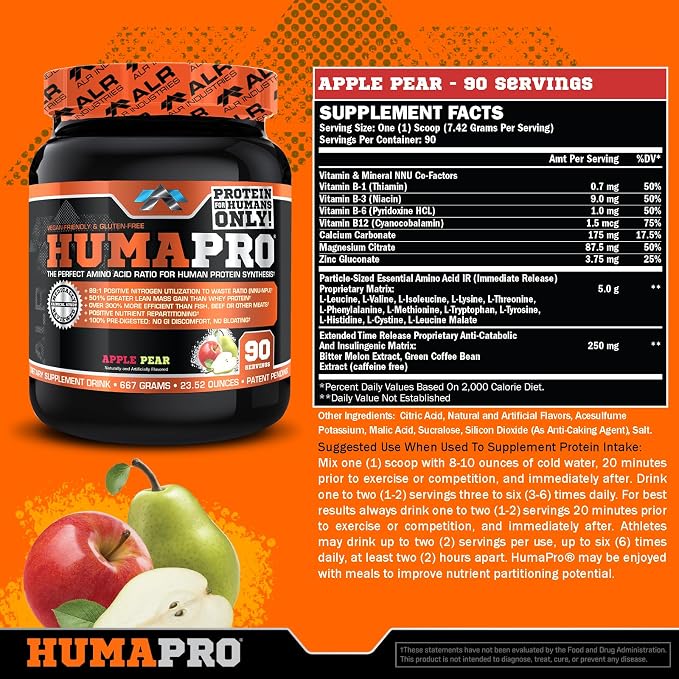 ALR Industries HumaPro Essential Amino Acid Formula | EAA Protein Supplement | Supports Muscle Recovery & Performance | Vegan, Gluten Free | | 90 Servings (Apple Pear)