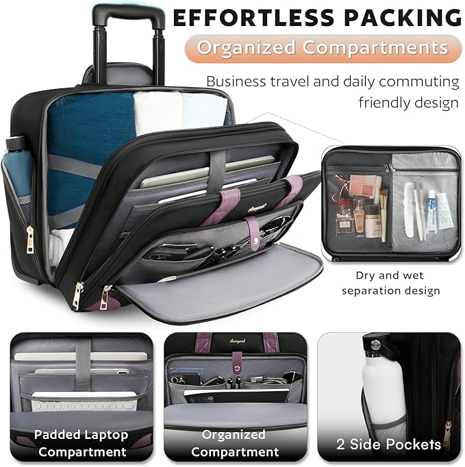 Arcoyard Rolling Laptop Bag, Rolling Briefcase for Women with Waterproof Pocket, 16 Inch Computer Bag, Underseat Carry On Luggage with Wheels for Work Travel Business, Lightweight Black Purple