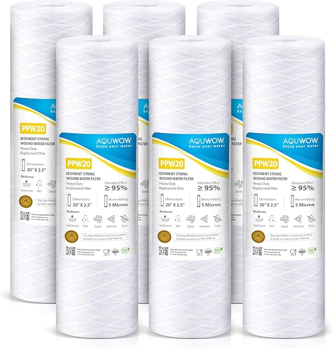PPW20 5 Micron 2.5" x 20" String Wound Sediment Filter Set – Replacement Cartridges for Whole House & Under Sink Systems, Durable Depth Filtration (6, 20 x 2.5)