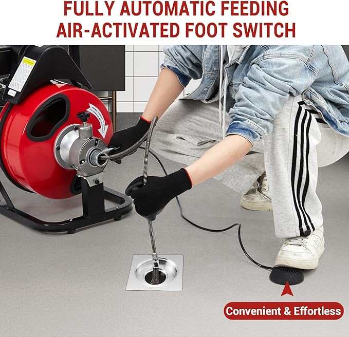 GarveeTech Auto Feed 75 ft x 1/2 in Drain Cleaner Machine with 370W Motor, Portable Sewer Snake Auger with 8 Cutters & Air-activated Foot Switch, Fits 1 in to 4 in Pipes, Black & Red