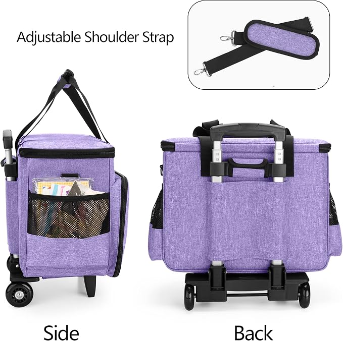 Yarwo Upgraded Rolling Craft Bag with Detachable Trolley and Multi-Pockets | Removable Bottom Board, Wheeled Scrapbook Tote, Large Teacher Gifts Bag, Rolling Briefcase for Teaching & Office, Purple