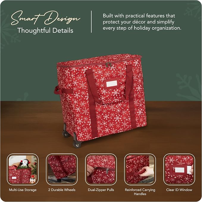Covermates Keepsakes Rolling Treasurekeeper Storage Bag – Heavy-Duty Polyester with Dual Wheels & Handles – Protects Holiday Decorations with ID Window & Dual Zipper Access, Red Snowflake