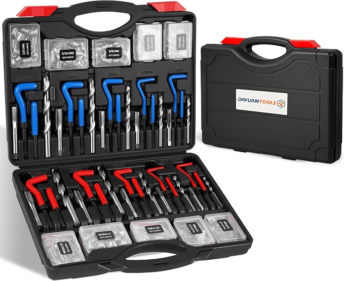 DAYUAN Helicoil Thread Repair Kit SAE Metric, HSS Drill Heli Coil Repair | 320Pcs, SAE & Metric Sizes，135° Split-Point HSS Drill Bits，Stainless Steel Inserts，Repairs Stripped Threads