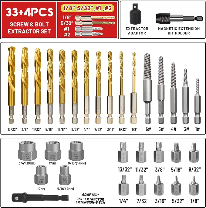 33Pcs Screw Bolt Extractor Set Hex Head Multi-Spline, Left Hand Drill Bit Set Easy Out Stripped Bolt Remover with Adapter, Bolt Extractor Kit for Removing Broken Rusted Nuts Screws Studs