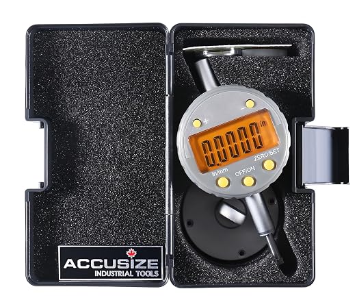 Accusize Industrial Tools 0-1/2'' by 0.00005'' Electronic Digital Indicator with Yellow LCD, 611H-1348Y | Inch/Metric Conversion, +/-0.015 mm Accuracy, 3/8 in Stem, 4-48 UNF, Data Output, Plastic Case, 611H-1348Y
