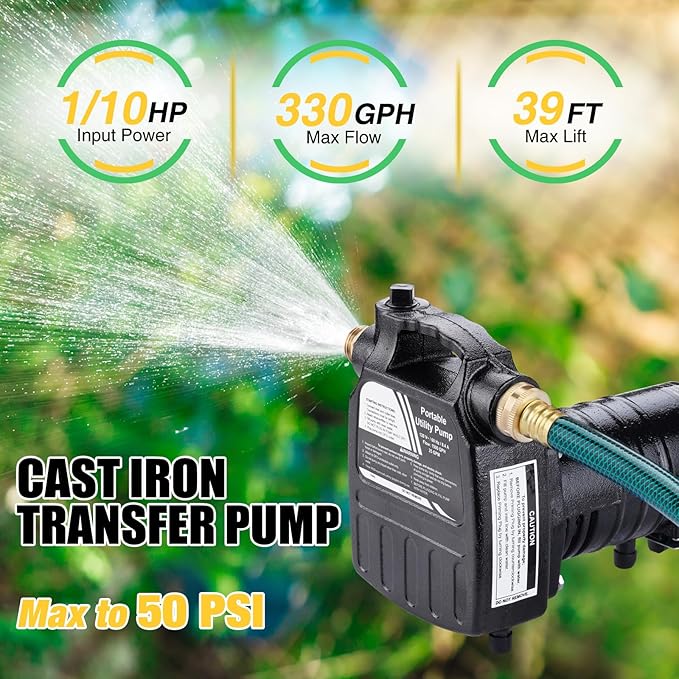 TRUPOW 1/2HP 1450GPH 115-Volt Cast Iron Portable Electric Power Utility Transfer Water Pump with Carbon Brush, Filter, Brass Connectors, for Garden, Rain Barrel, Pool, Pond, Hot Tub, Aquarium Draining