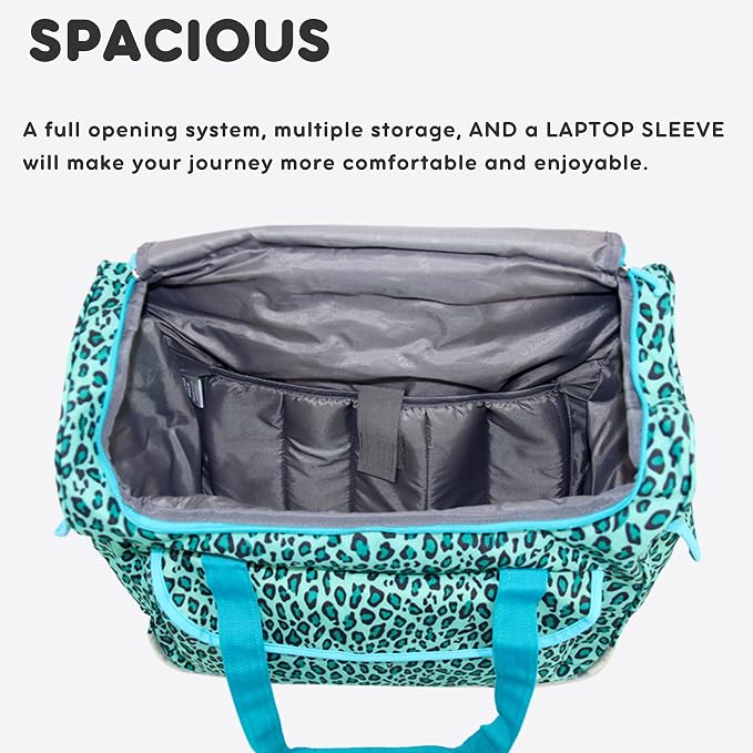 J World Donna Rolling Tote Bag on Wheels for Women. Roller Laptop Briefcase. Overnight Weekender Teachers Work, Mint Leopard