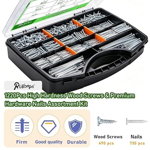 1220Pcs High Hardness Wood Screws & Premium Hardware Nails Assortment Kit, 13 Sizes (1/2''-4''),Phillips Drive Flat Head, Wood Screws, Galvanized, Picture Hanging, Wood, Common Nails with Storage Box