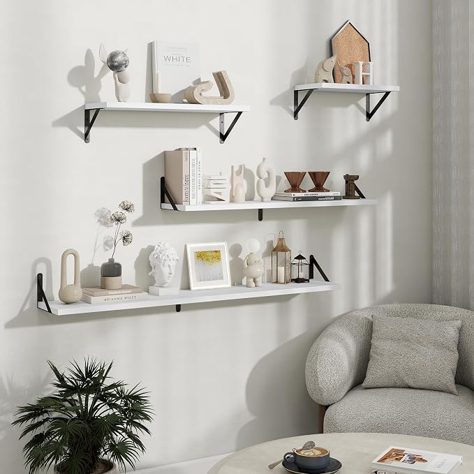 Floating Shelves 8 Inch Deep, 48W x 8D Wall Shelf Set of 2, 70 lbs Heavy Duty Reversible Metal Brackets, Industrial Book Shelf for Living Room Kitchen Bathroom Bedroom Gallery Wall, White