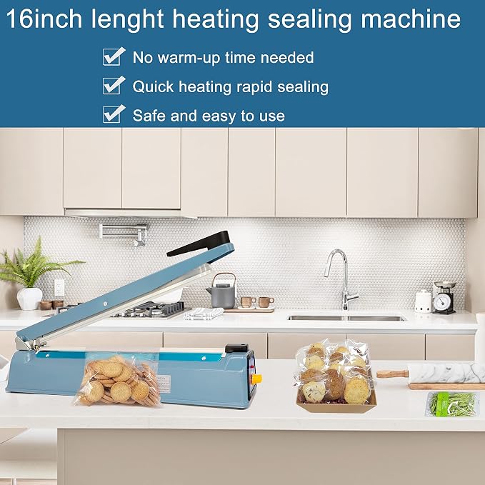 Impulse Heat Sealer 16 Inch Mylar Bag Sealer Heat Seal Machine, 110v Manual Heat Sealer for Plastic/Poly/Cookie Bags, 8 Replacement Parts & Teflon Cloth Strip(2 Round Cutter Lines Included)