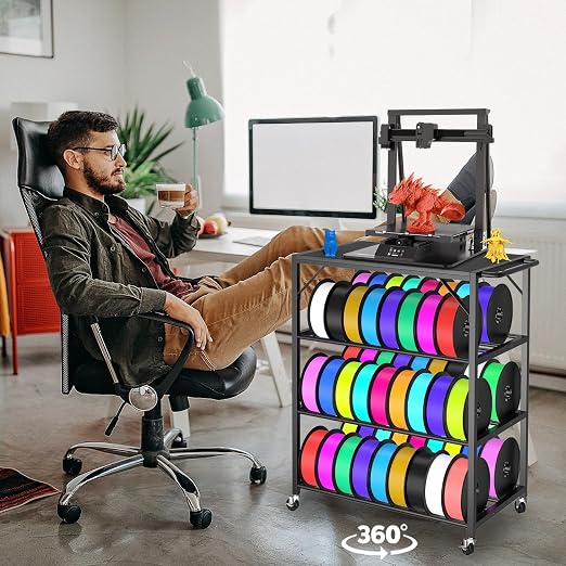 3D Printer Stand with Filament Storage Rack - 3D Printer Table Rolling Printer Cart on Wheels, Heavy Duty Metal Filament Spool Holder Organizer, 3D Printing Workstation for 48 Filament Spools (Black)