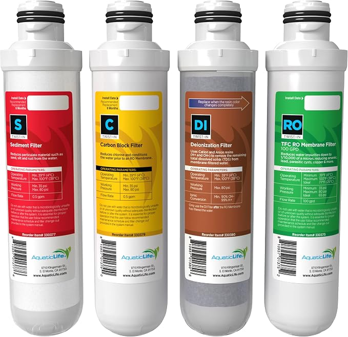 Aquatic Life Twist-In RO/RODI Replacement Cartridges - Carbon Block Filter, Sediment, Color Changing Mixed Bed Deionization Resin and 100 GPD Membrane, 4-Stage Reverse Osmosis Deionization Systems