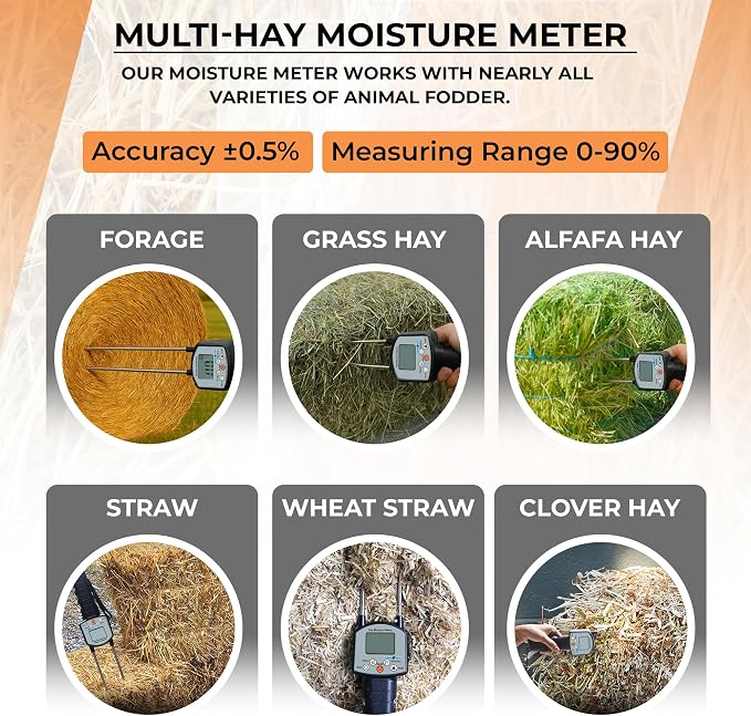 Digital Hay Moisture Meter Tester – TrueMoist™ Tech, Heavy‑Duty Probe for Hay, Alfalfa, Clover, Grass – Fast, Accurate Moisture Readings for Farming & Livestock