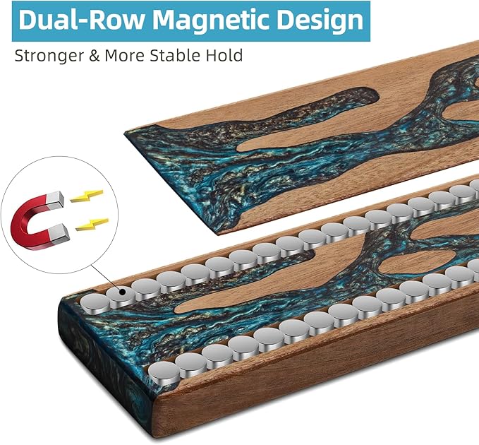FINDKING Magnetic Knife Strip for Wall, Solid Acacia Wood with Mineral Blue Resin Inlay, Wall-Mounted Knife Holder with Strong Magnetic Hold, No-Drill Adhesive Mount (16 Inch)