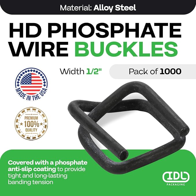 Cord Strapping Buckles 1/2", Pack of 1000 - Heavy-Duty Metal Buckles with Phosphate Coating for Woven Cord Strapping - Reusable Metal Wire Buckle for Strapping - SKU BP-12 by IDL Packaging
